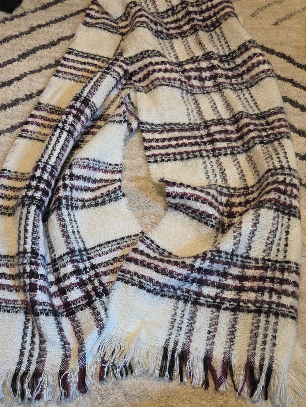 Chico's Cream Plaid Fringe Wrap with Burgundy and Black Stripes